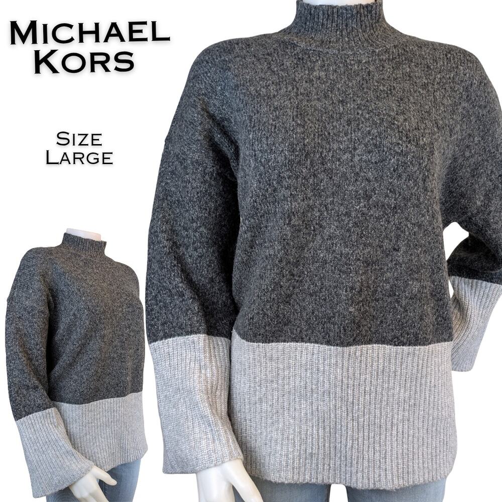 Michael Kors Wool Tunic Sweater Large Gray Colorblock Mock Neck High Low Ribbed